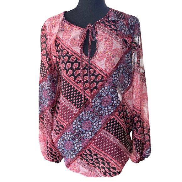 BCBG Boho Patchwork Sheer Peasant Blouse Womens S Pink Long Sleeve Festival Top - Picture 1 of 9
